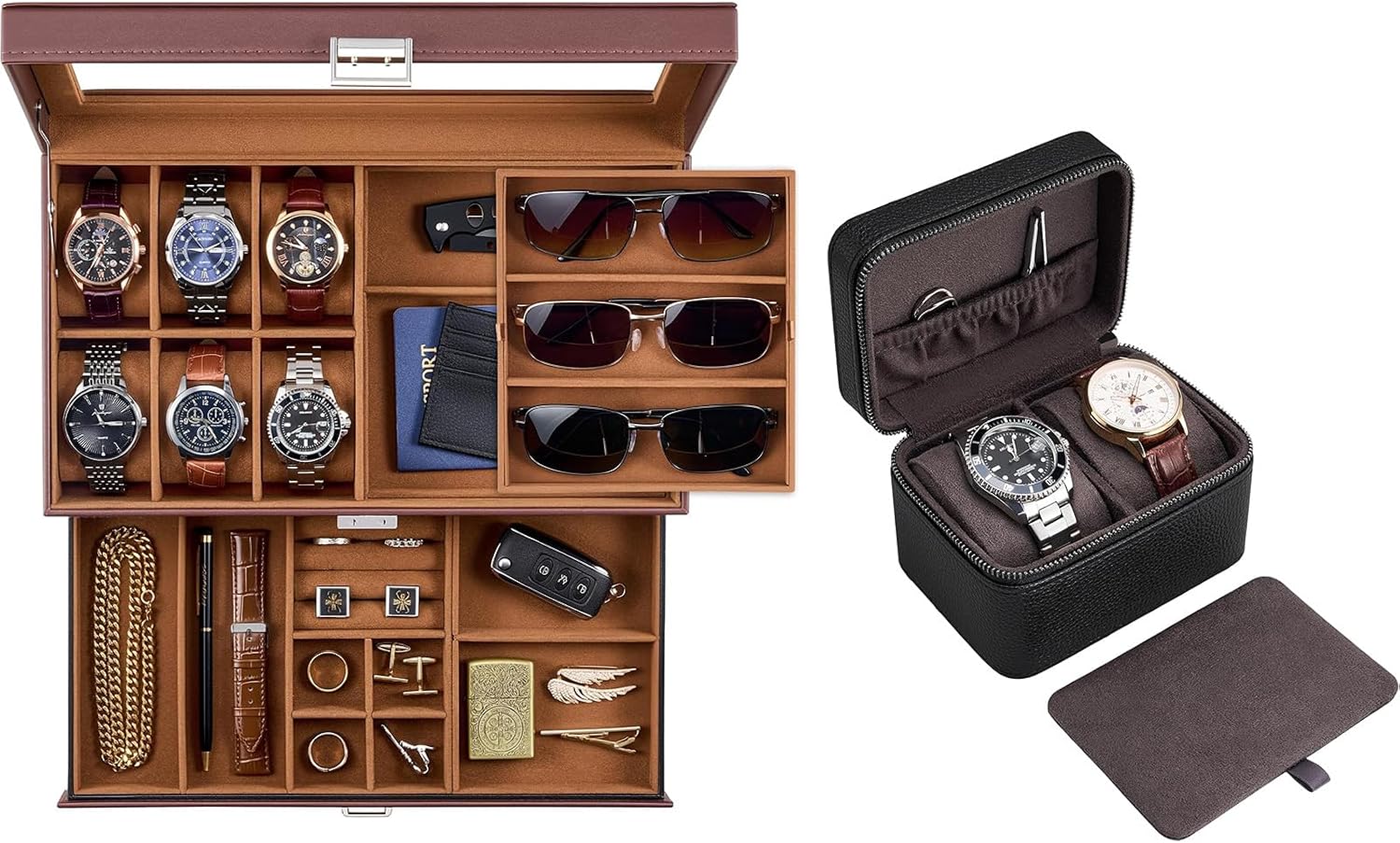 ProCase Brown 6 Slot Mens Jewelry Box and Black 2-Slot Watch Travel Case Bundle, 2-Layer Lockable Watch Storage, 3 Slot Sunglasses Organizer, Portable PU Leather Watch Holder