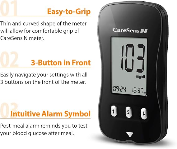CareSens N Blood Glucose Monitoring Meter (Auto Coding) - 1 Diabetes Blood Glucose Meter, 1 User Guide, 1 Quick Reference guide, 1 Case & 2 CR 2032 Batteries