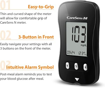 CareSens N Blood Glucose Monitoring Meter (Auto Coding) - 1 Diabetes Blood Glucose Meter, 1 User Guide, 1 Quick Reference guide, 1 Case & 2 CR 2032 Batteries