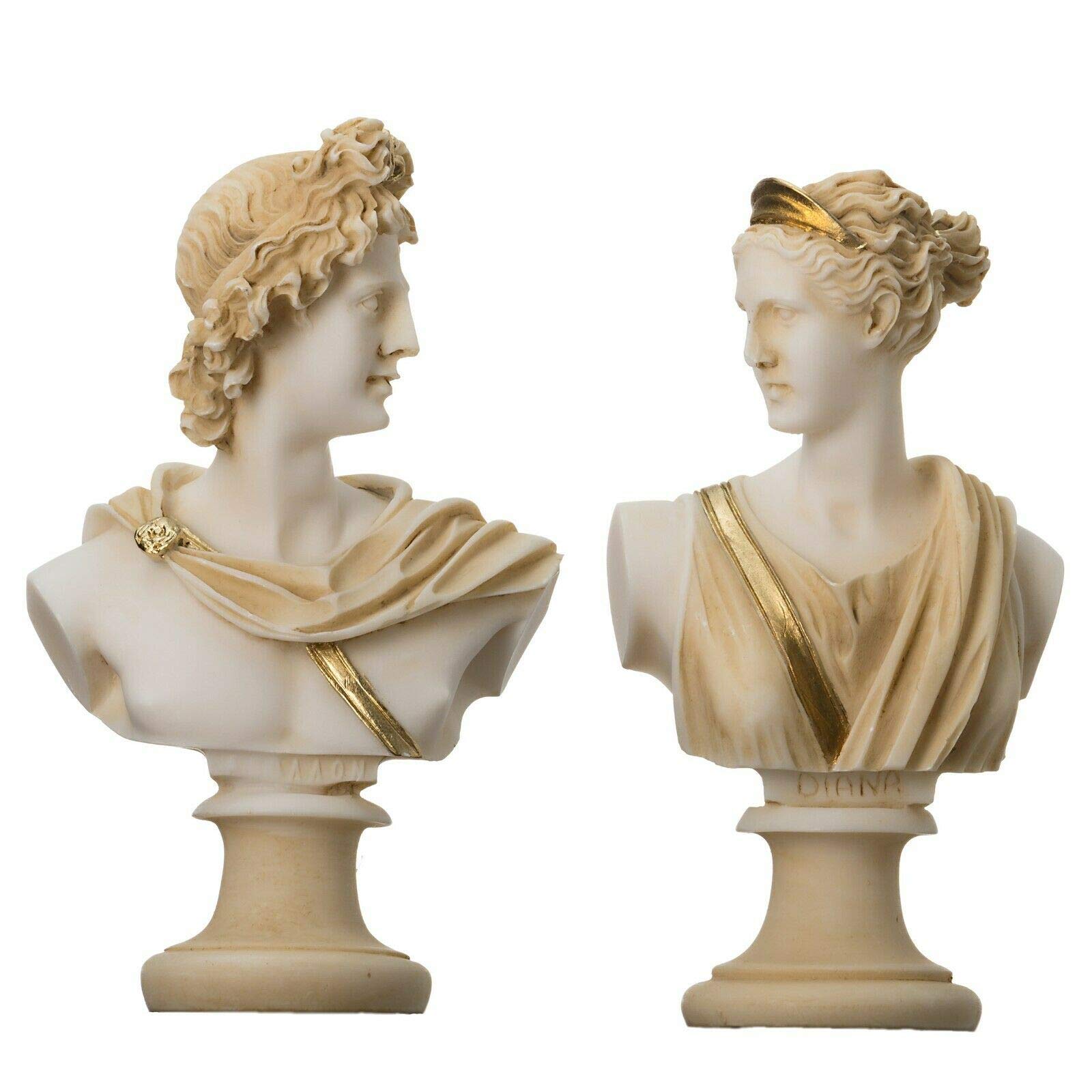 BeautifulGreekStatues Artemis E Apollo Busto Statue Greche Figurina di Dio Tono Dorato 15cm