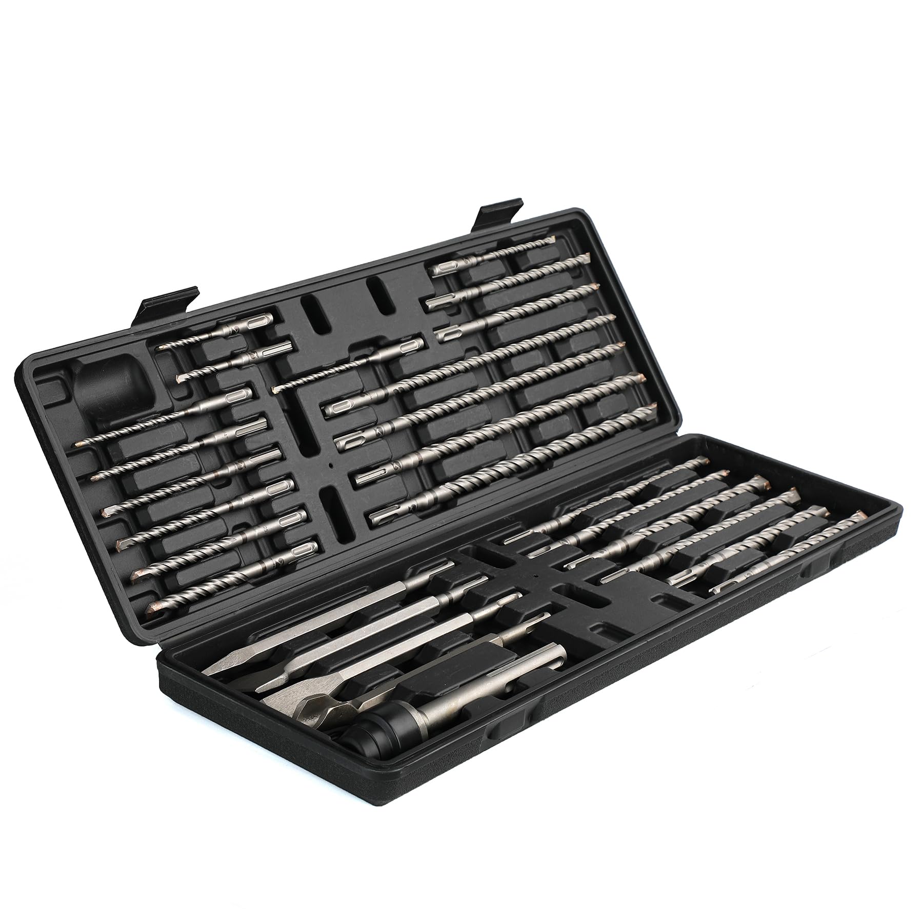 Juego de brocas y cinceles para martillo giratorio, SDS Plus, 27 piezas, herramienta de agujero para mampostería de hormigón con estuche de almacenamiento para hormigón, piedra, ladrillo