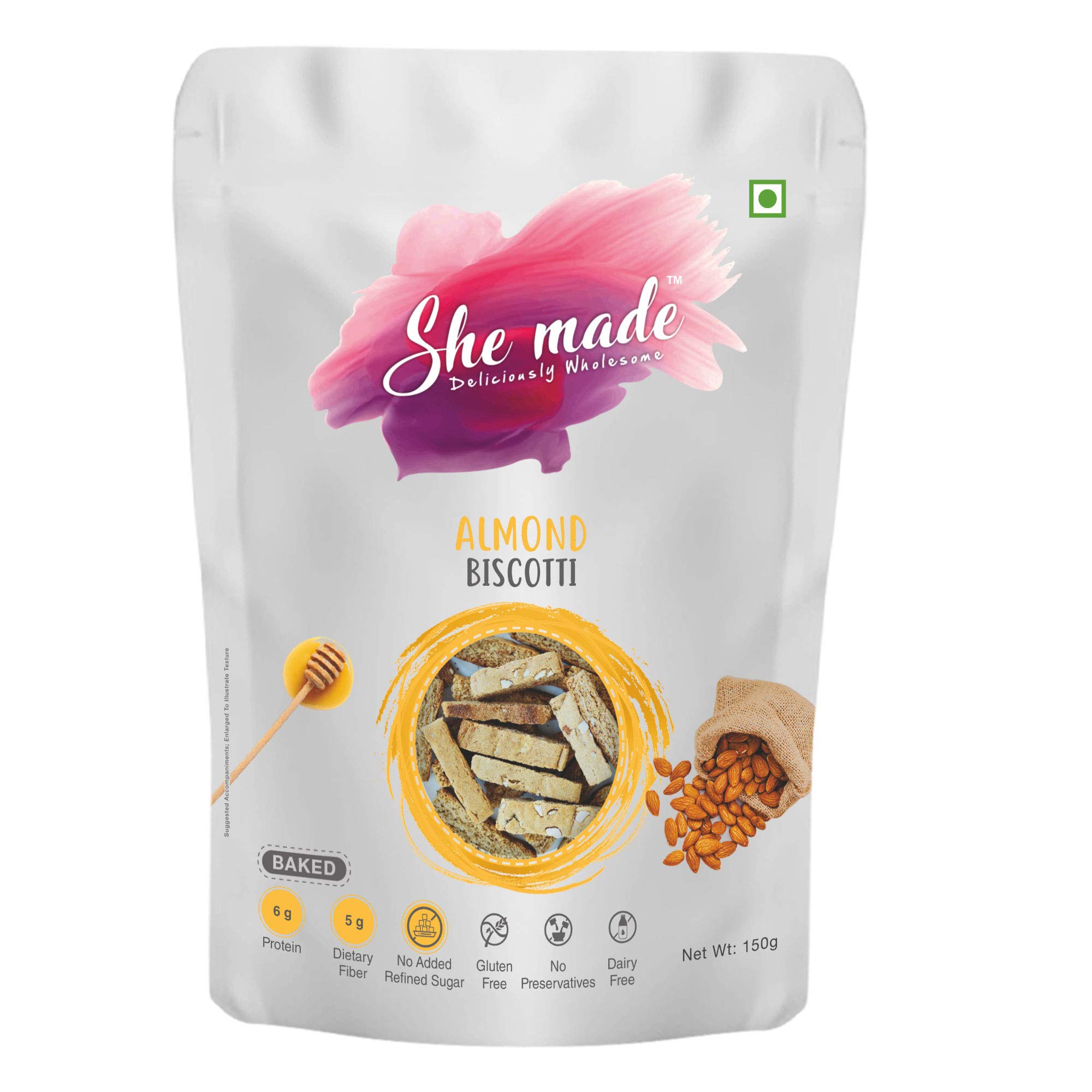 She Made Foods Biscotti Cookies - Classic Almond Flavour, Fibre Dense & Gluten-Free Biscuit, Baked, Crunchy & Tasty Gourmet Snacks, Light & Healthy Nibbles (150 grams) (B08W25RZKK) Amazon Price History, Amazon Price Tracker