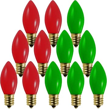 Bluex Bulbs 12 Pack C9 Red & Green Light Bulbs, Ceramic Incandescent, 7W E17 Base, Multicolor, 3000Hr Lifespan, Outdoor Christmas Lights