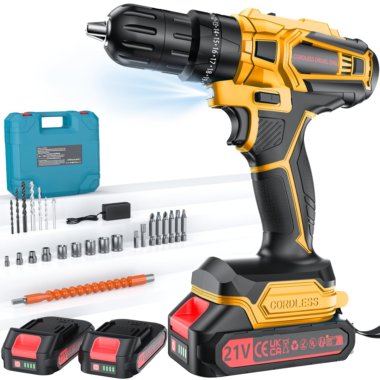 Cordless Drill with 2 Batteries and Charger, 21V Electric Drill Cordless, Portable Power drill Set, 3/8" Keyless Chuck, 2 Variable Speed, 25+ 3 Clutch, 398 In-lb Max Torque