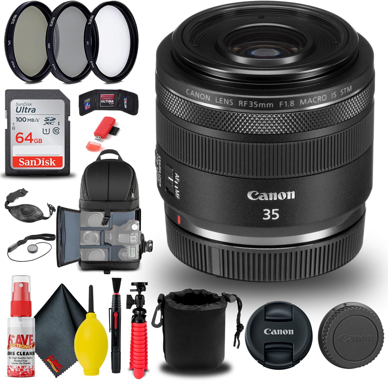Canon RF 35mm f/1.8 is Macro STM Lens (2973C002) + Filter Kit + Backpack + 64GB Card + Lens Pouch + Card Reader + Flex Tripod + Memory Wallet + Cap Keeper + Cleaning Kit + Hand Strap + More