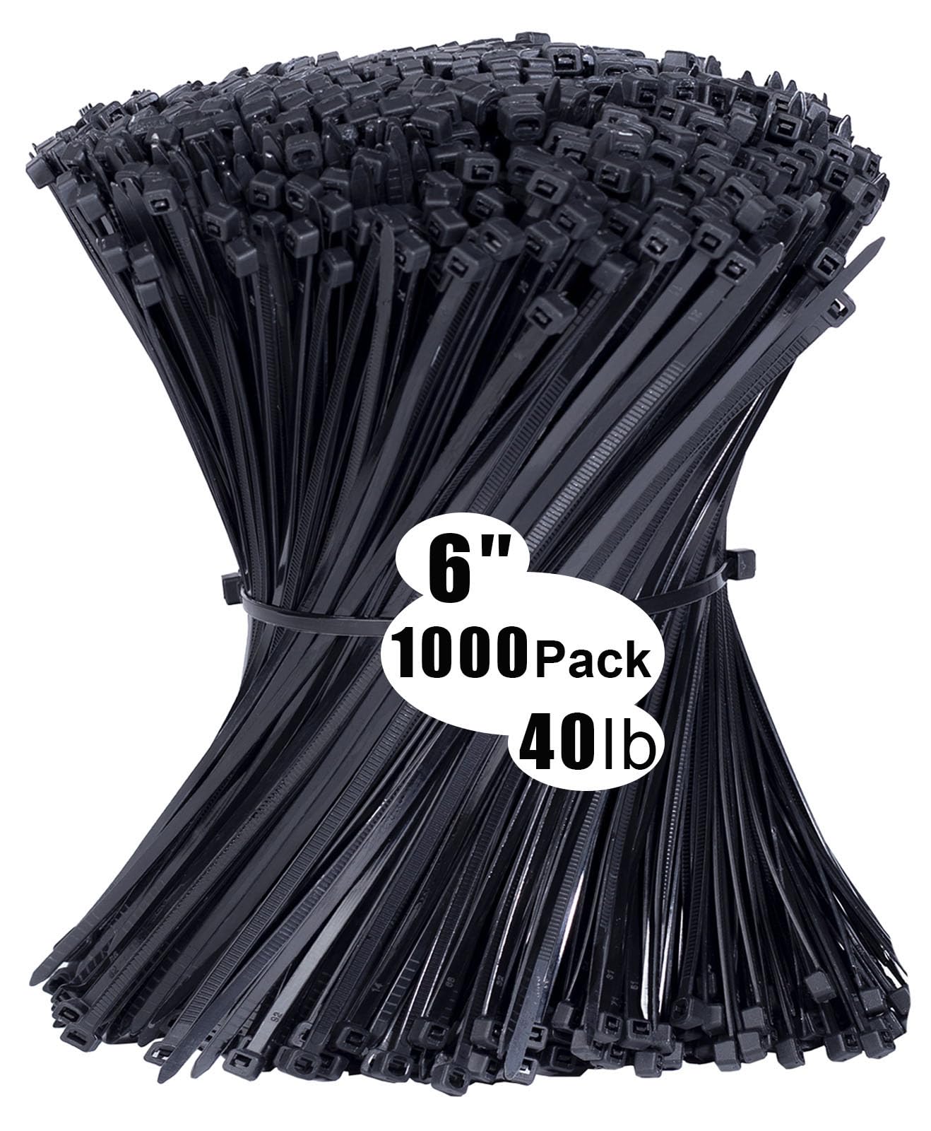 1000 pack Cable Ties, 6 inch Zip Ties Black, 150 x 3.6mm Nylon Ties 40lbs Tensile Strength with UV Resistant