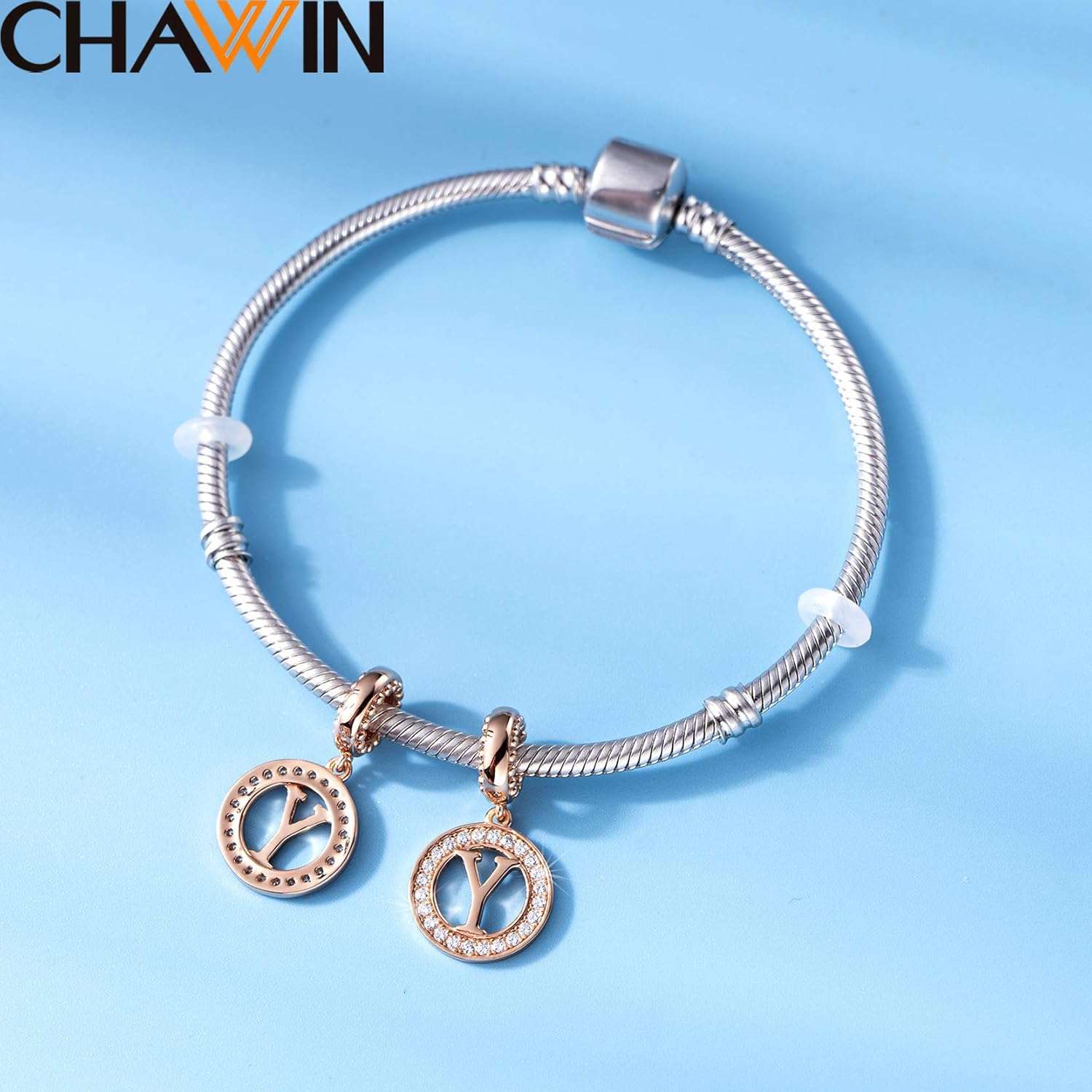 Initial A-Z Letter Charm Bead, Alphabet Charms Rose Gold, Authentic 925 Sterling Silver Charms fit Pandora Charm Bracelets, Necklace, Circle Dangle Charm for Women, Sparkling Clear Stone - Image 3