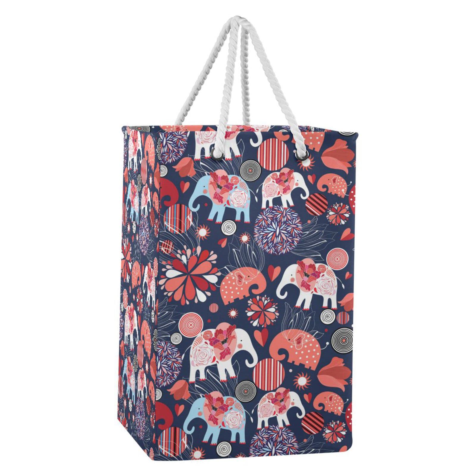 Poeticcity Enamored Elephants Red Elephant Circles Flowers on Dark Blue Collapsible Waterproof Laundry Hamper, Lightweight Washing Basket Bin Storage Organizer Bucket with Handles for Toys Clothes