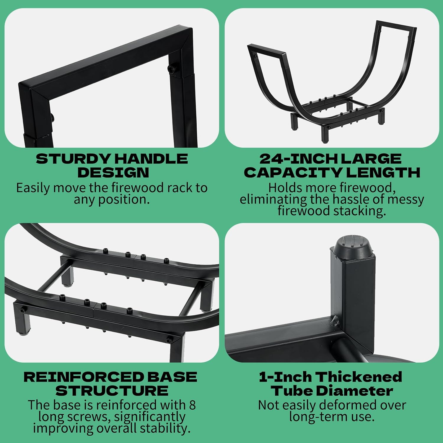 24 Inch Firewood Rack, Heavy Duty Curved Metal Wood Holder, Log Carrier Storage, Waterproof & Rustproof Firewood Organizer for Indoor Outdoor Fireplace, Patio & Deck (Black)