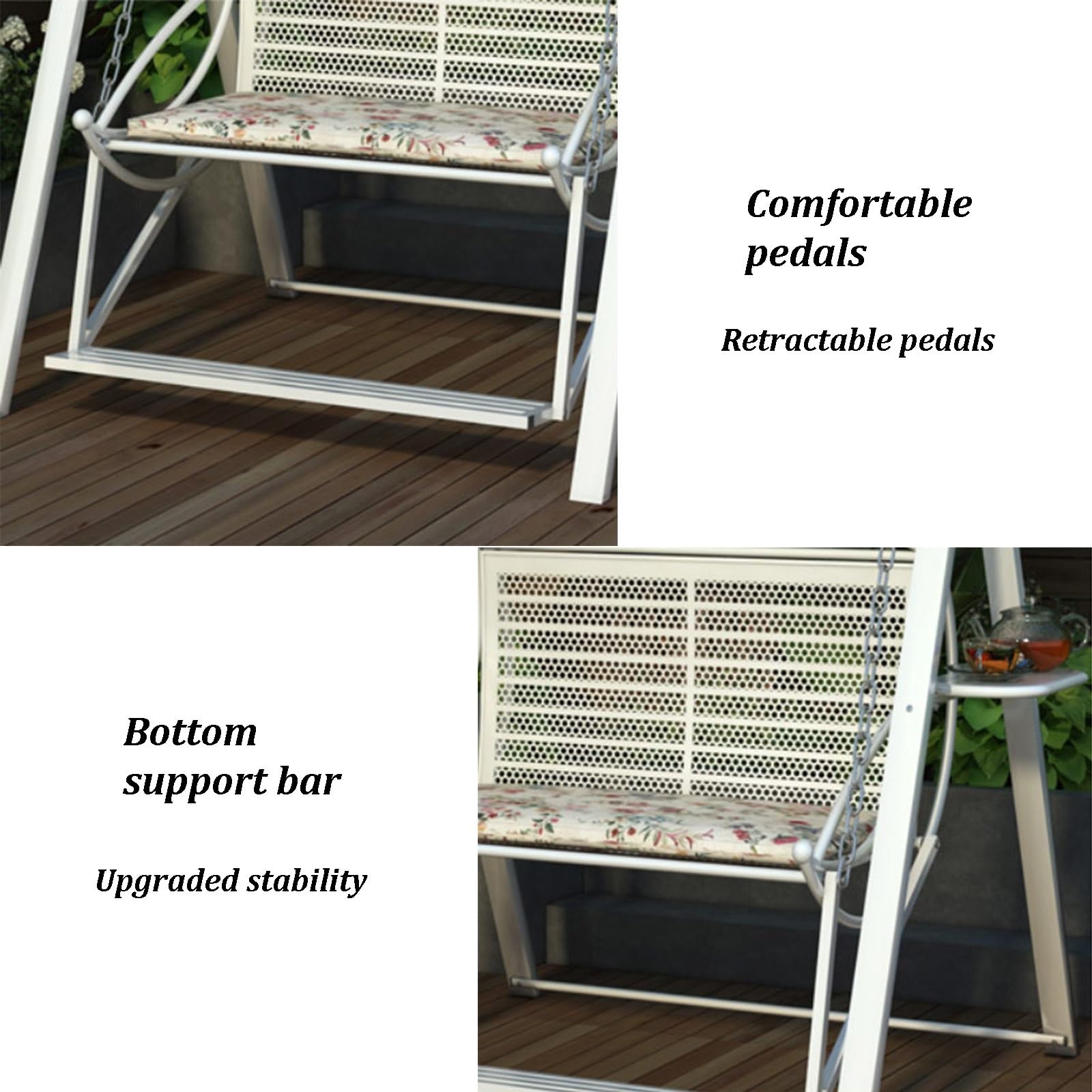 Altalena per portico da esterno con tettoia, struttura in metallo, impermeabile, include cuscino per sedile, vassoi portabicchieri e piedini resistenti all'usura per giardino e cortile