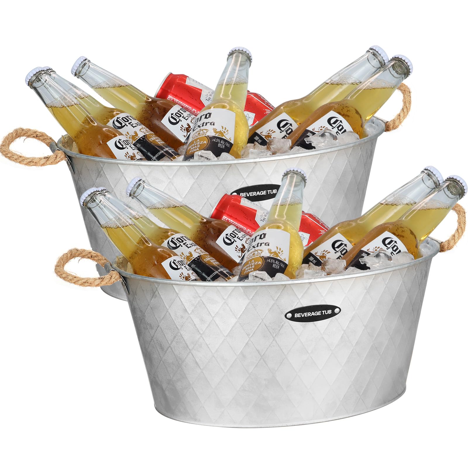 iHoo Juego de 2 cubetas para bebidas con gran agarre para fiestas de 2,6 galones (10 L), bañeras de bebidas galvanizadas para bares interiores o exteriores, 14,76 x 6,18 pulgadas