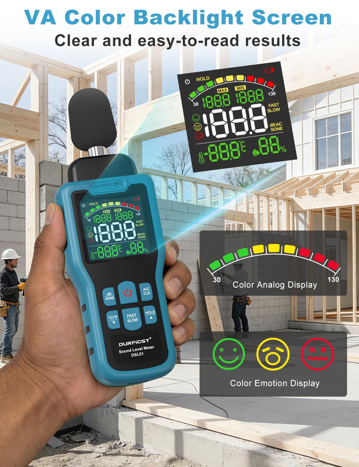 Sonometro, DURFICST Medidor de Decibelios con Temperatura y Humedad, Rango de 30-130 dB, Decibelimetro con Pantalla LCD a Color, Ponderación A/C, Unidad dB/SON, Respuesta RÁPIDA/LENTA, para Doméstico