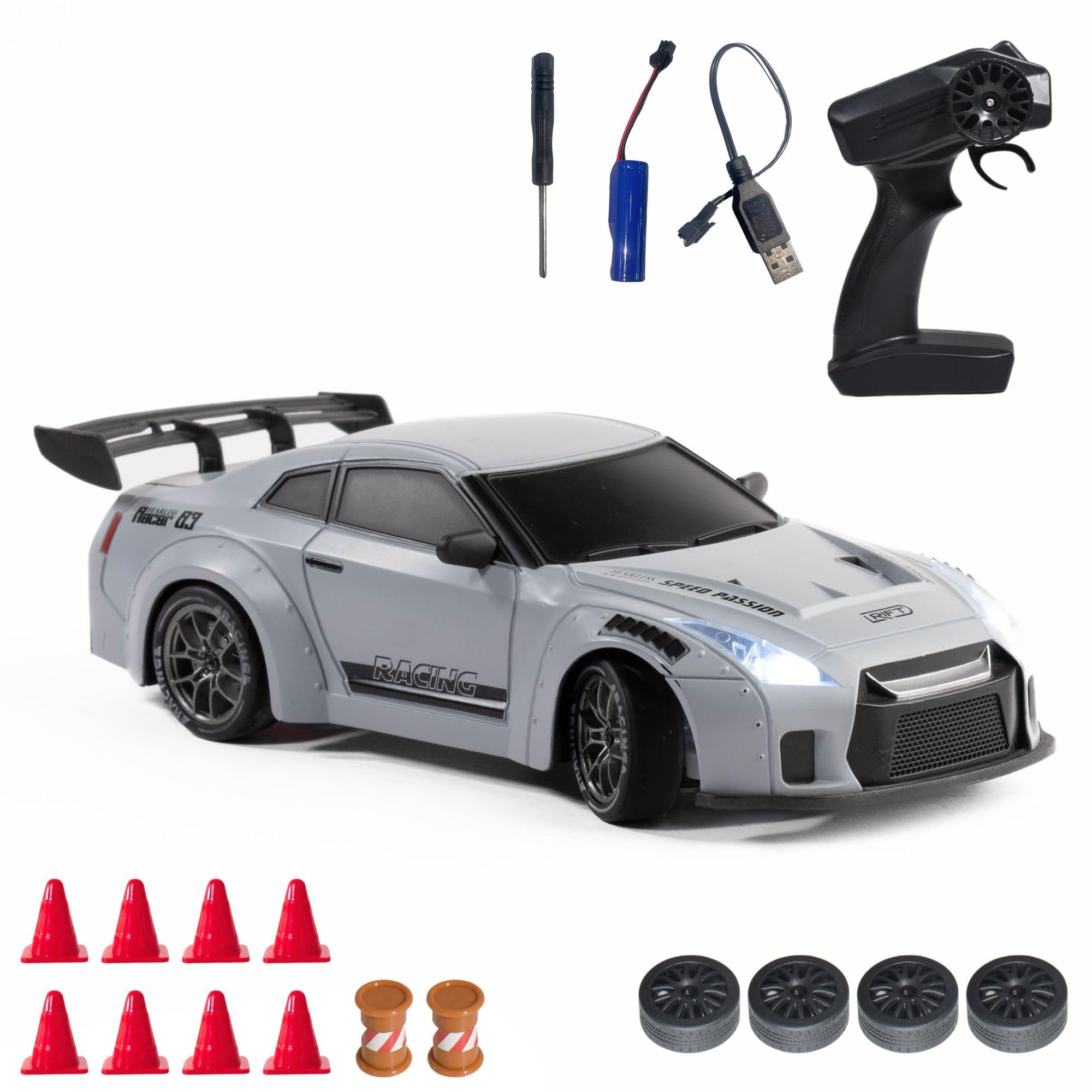 L.O.T TOYS Flare Remote Control Car | 20Kmph, 2.4Ghz | Rc Drifting Car, Rc Car, Birthday Gift, 4 Wheel Drive, Boost Mode, Long Range Remote, Hard Plastic Top with LED Head Light (Race Grey)