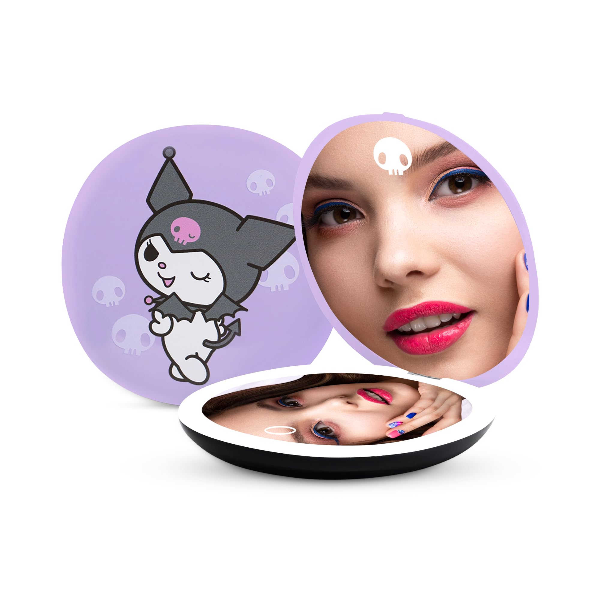 Impressions Vanity Kuromi Portable Round LED Compact Mirror for Purse, Lighted Travel Makeup Mirror with 3X Magnification, Daylight LED Lighting, Adjustable Brightness and Soft Touch Sensor