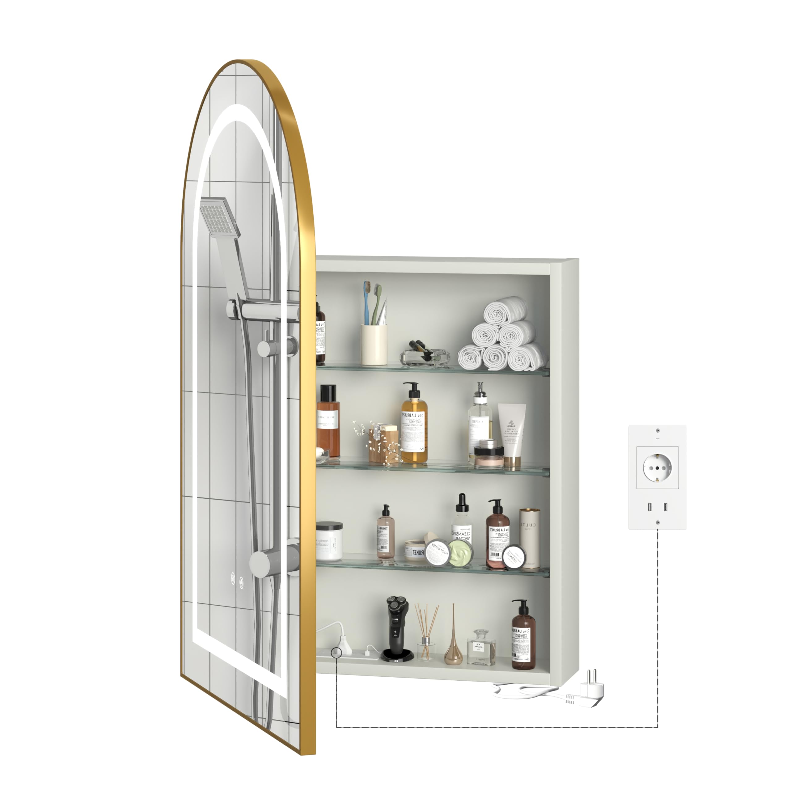Specchio Bagno Contenitore con 3 Colori Luce e 1 AC/2 USB, Armadio Specchio Bagno con Deumidificazione con 1 Tocco e Funzione di Memoria(Oro Bianco)