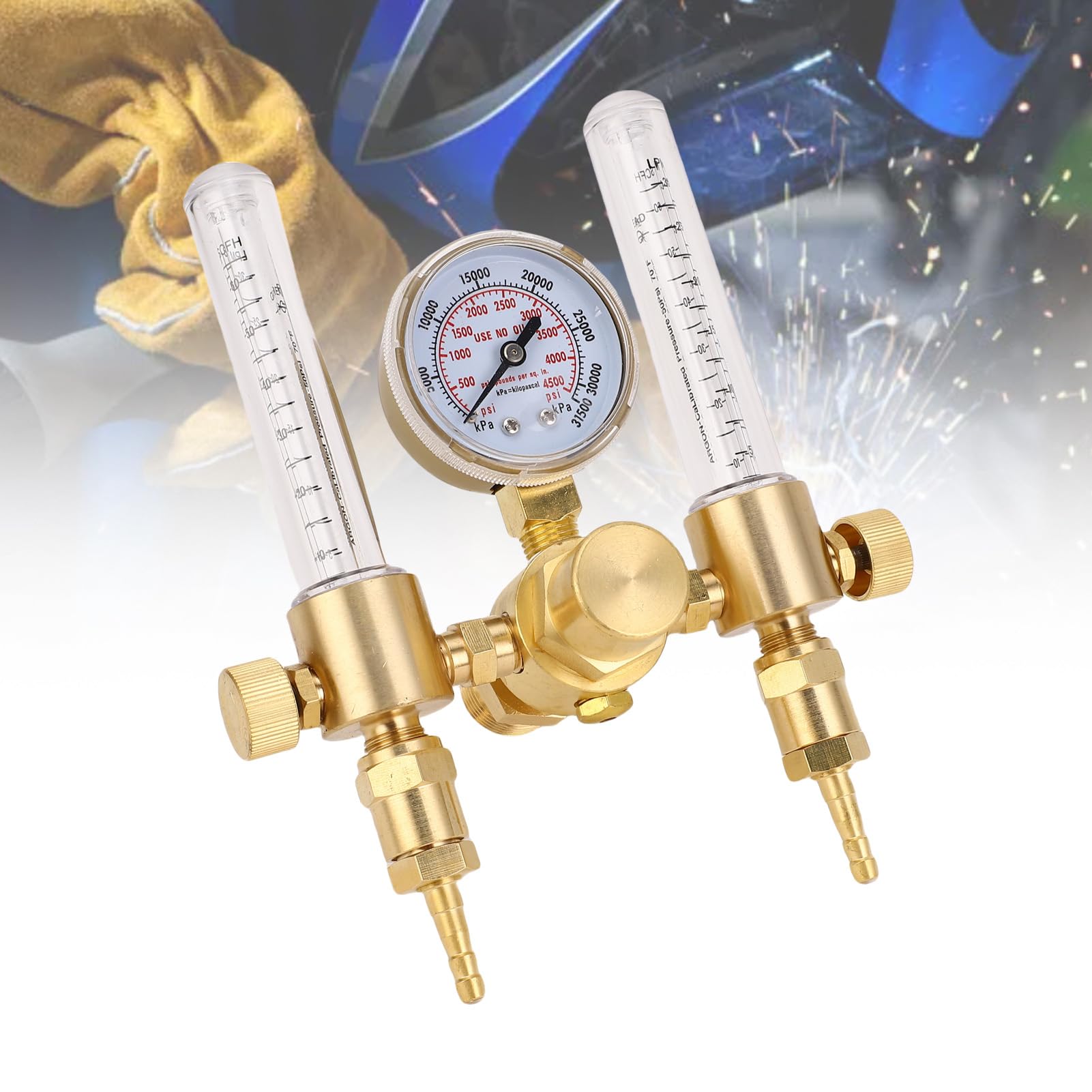 CGA580 Argon Regulator Flowmeter 0-60CFH/4500PSI - Dual -Output -Messinggas Flussmeter für TIG/MIG -Schweißen mit Druckmessgeräten und Schlauchanschlüssen