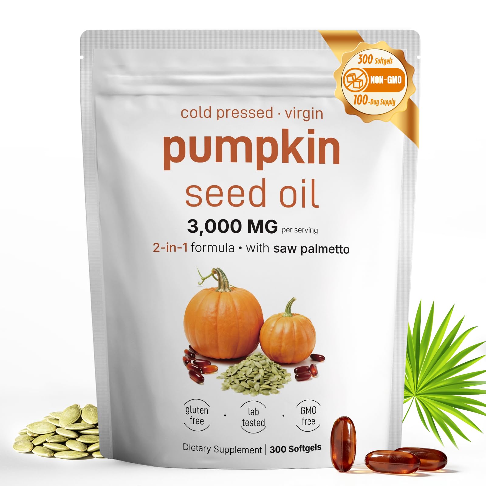 Pumpkin Seed Oil with Saw Palmetto - 300 Softgels 300 Count (Pack of 1)