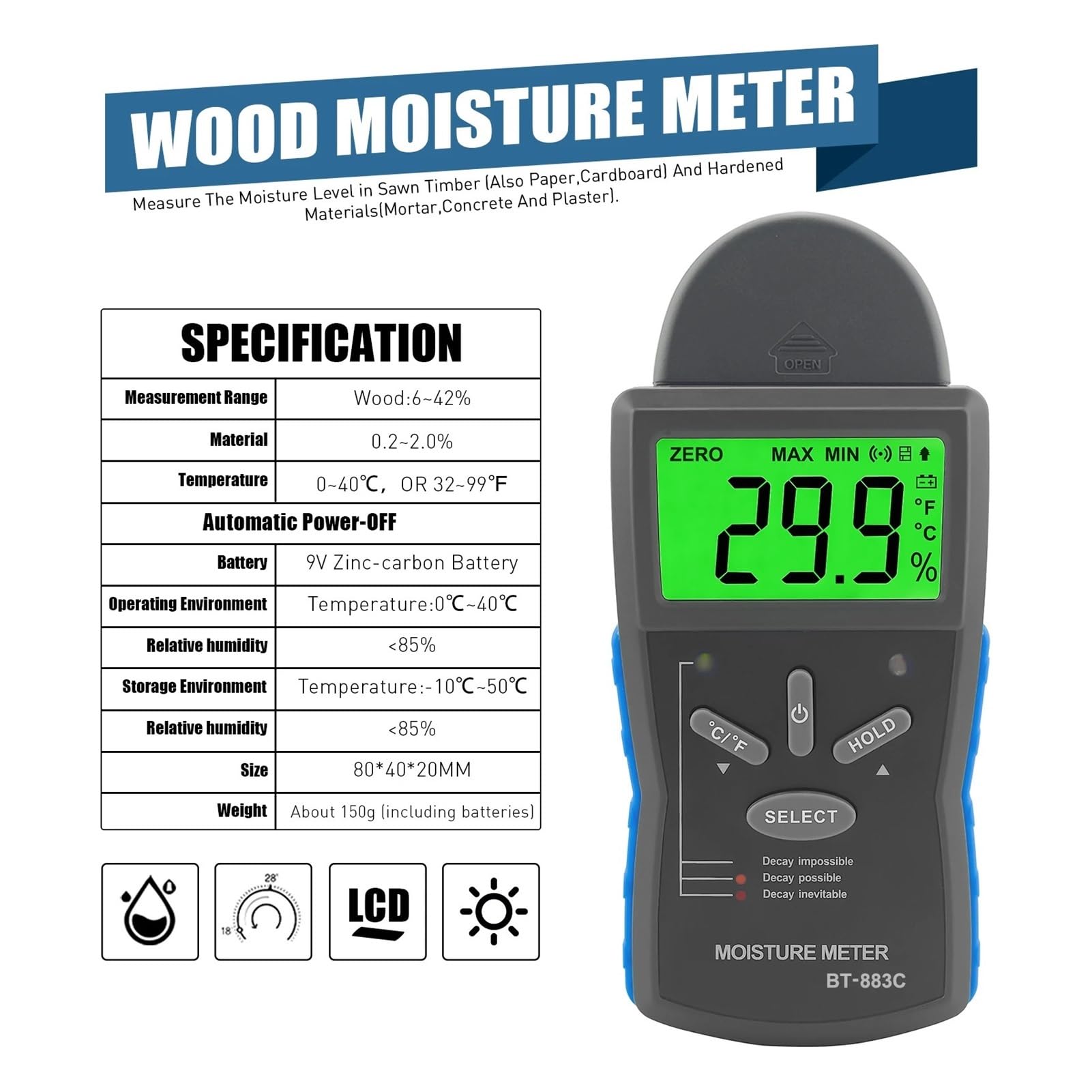 Misuratore di umidità del legno, rilevatore di umidità digitale a perno, materiali temprati, temperatura ambiente (℃/℉), con LCD retroilluminato Letture chiare