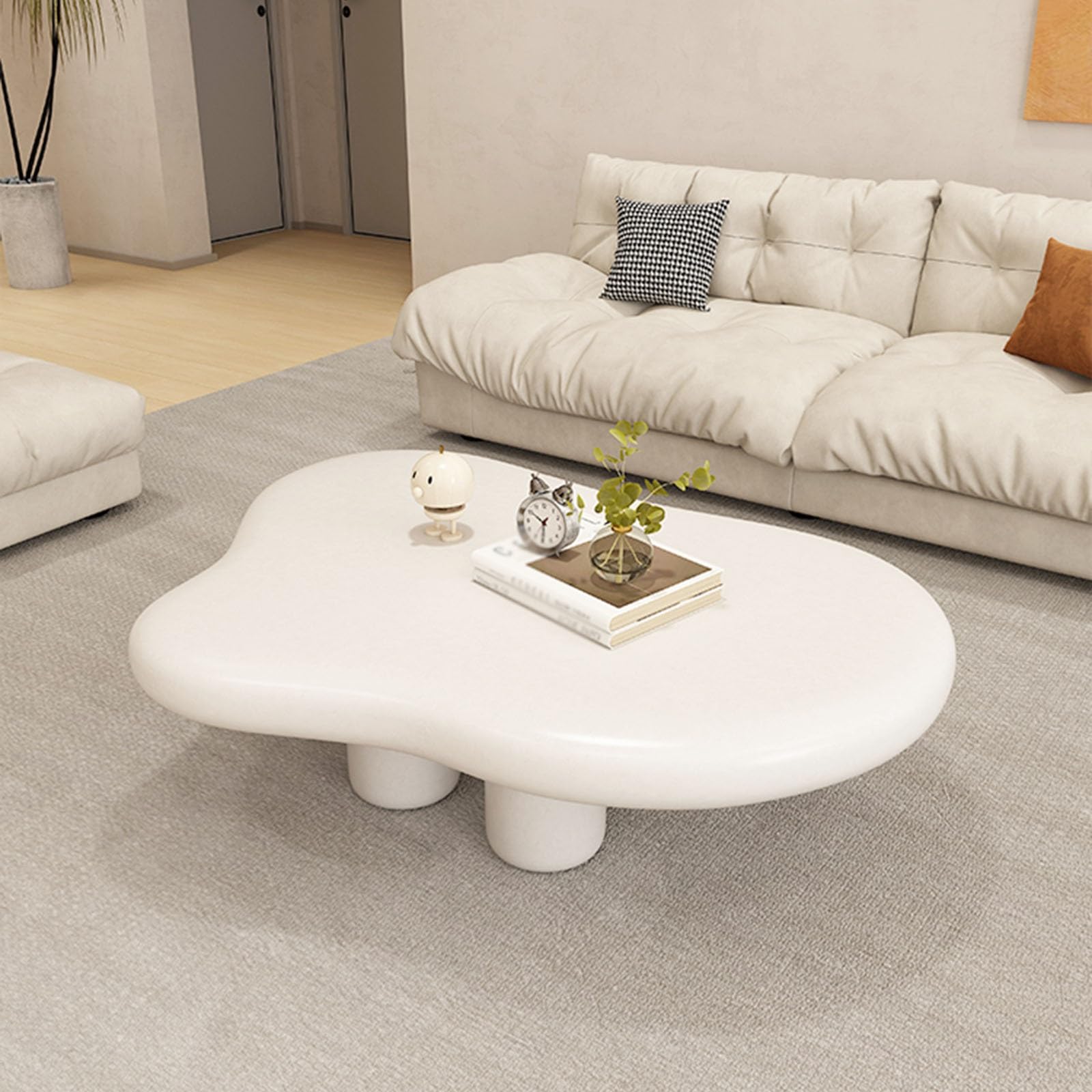 Cream White Coffee Table Low Table for Sitting On The Floor Cloud-Shape Cute Coffee Table for Living Room Small End Table with 4 Legs Modern Center Table for Bedroom Home Office Wood Side Table (Size