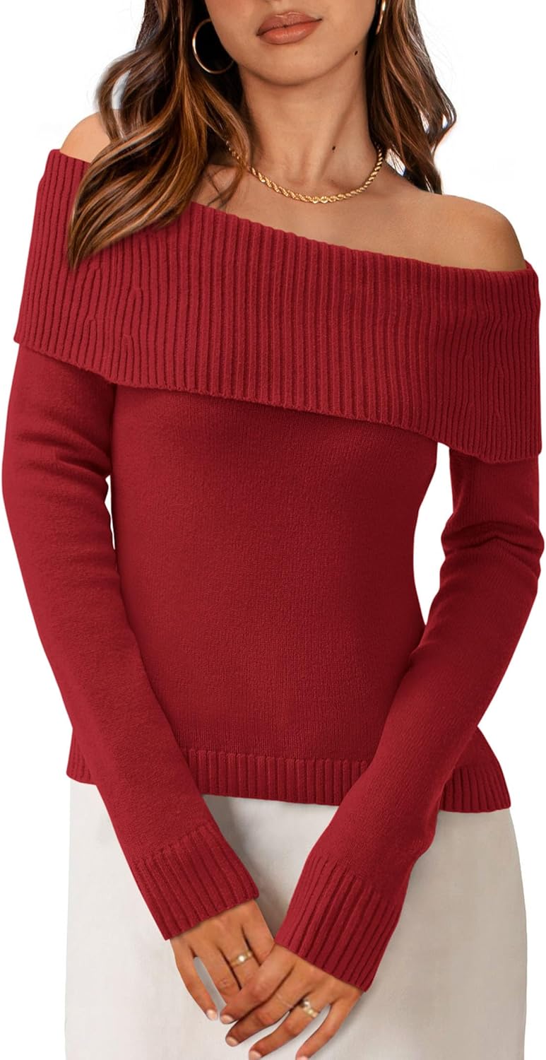PRETTYGARDEN Off The Shoulder Sweater for Women 2026 Fall Fashion Cute Long Sleeve Tops Winter Ribbed Pullover Knit Outfits