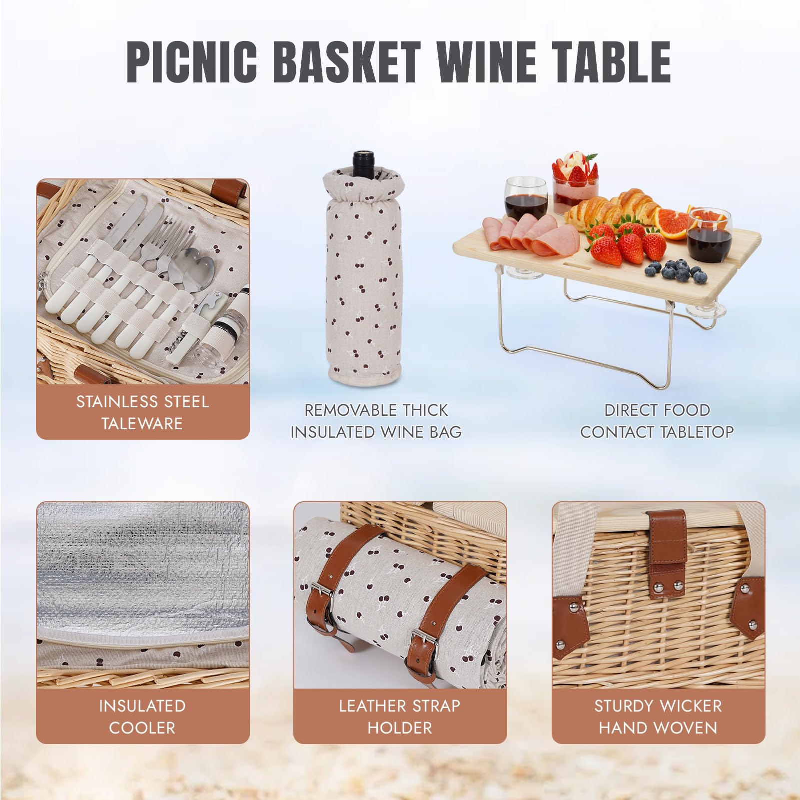 HappyPicnic Picknickkorb für 2, handgefertigtes Weiden-Picknick-Set mit Klapptisch und wasserdichter Decke, großer isolierter Picknickkorb mit Weintasche & Besteck-Set für Picknick, Camping, Urlaub