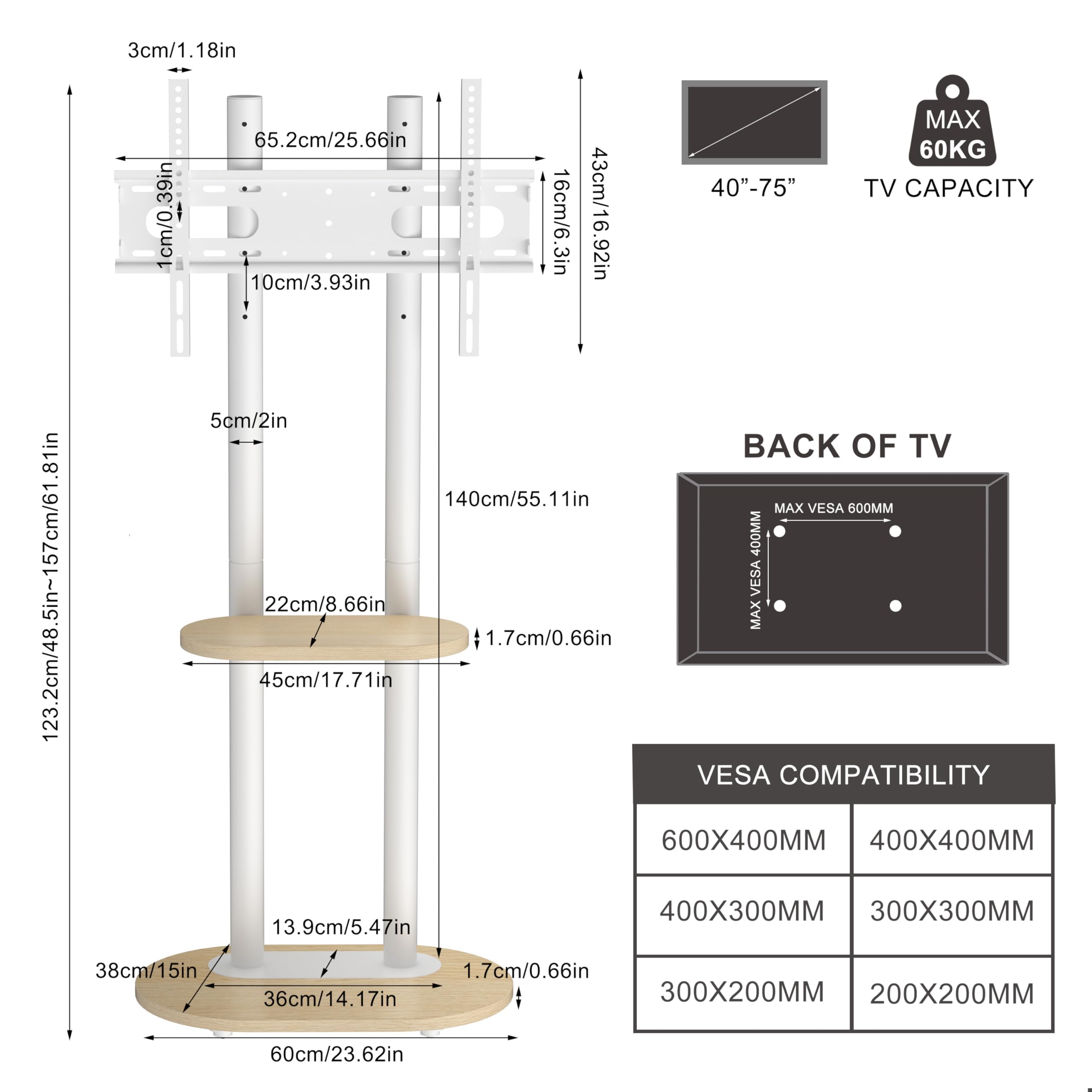 Stand TV Mobile 40-75 Pollici Vesa Adattabile - Dettaglio
