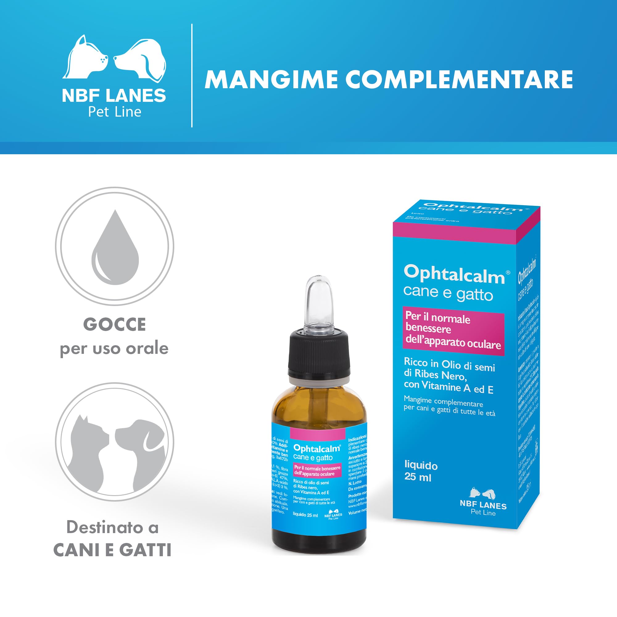 NBF Lanes | Ophtacalm Cane e Gatto, Gocce 25 ml, per il Normale Benessere dell’Apparato Oculare del Cane e del Gatto