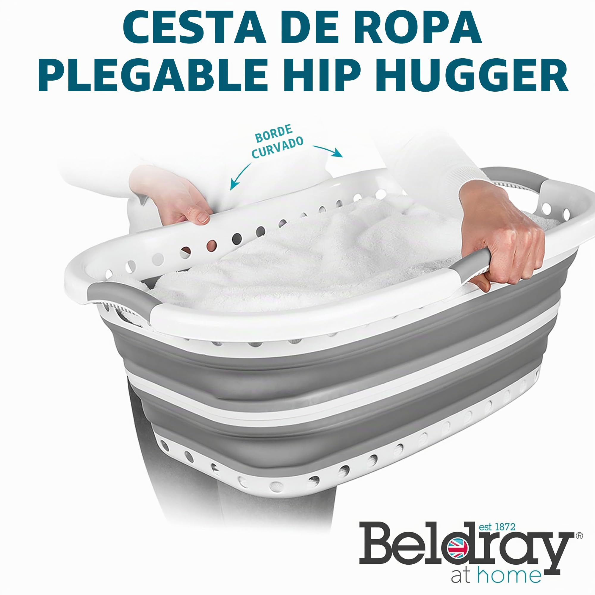 Beldray LA072979GRYEU Cesta De Colada Adaptable a La Cadera, Transportar Y Meter Ropa Sucia, Cubo Práctico y Plegable Con Asas Ergonómicas, Para Cuarto de Baño, Dormitorio o Lavandería
