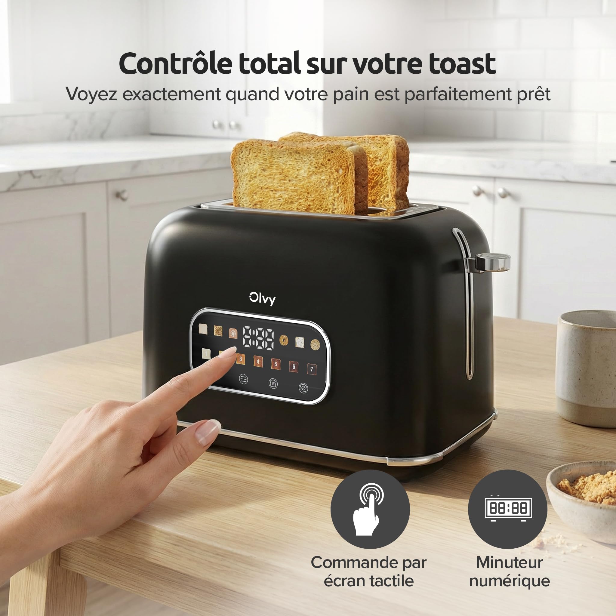 Olvy Grille-pain de luxe avec écran LCD et minuterie – Fentes extra larges (Décongeler/Réchauffer) – 7 niveaux de dorage – Black – 900 watts