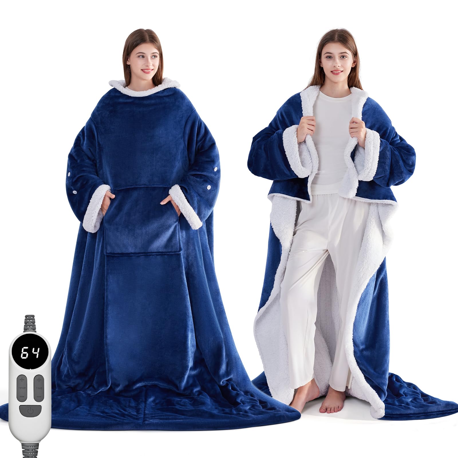 Wearable Heated Blanket with Foot Pocket, 50"x75" Navy Blue