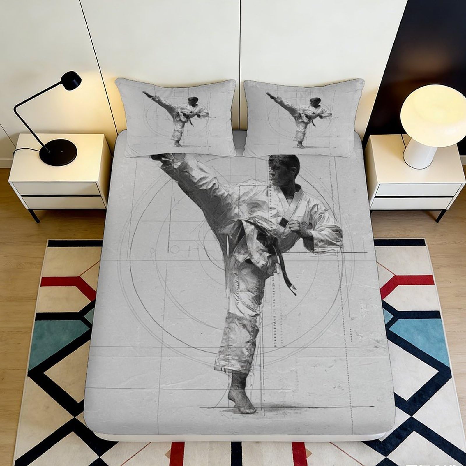 3D Printed Karate Action Fitted Sheet Microfiber Soft Breathable Martial Arts Mattress Cover for Bedroom Dorm Mattress Protection Decor 160x200x25cm