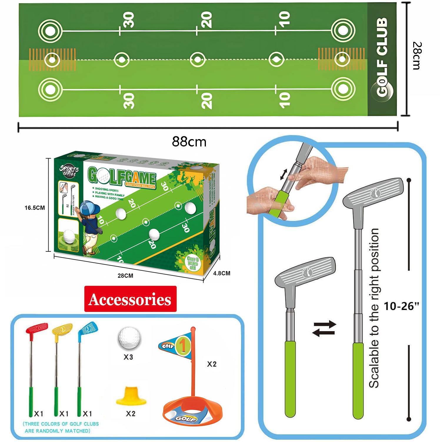 Club Golf Enfant, Toddler Golf Set, Mini Golf Game, Clubs de Golf Rétractables Faciles à Transporter, Tapis de Putt, Jouets Sportifs D'intérieur et D'extérieur pour Garçons et Filles