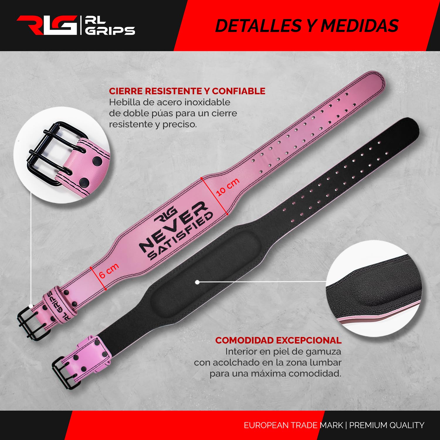 RL Grips® Cinturon de Gimnasio en Cuero para Musculación - Soporte Lumbar de Piel Acolchado para Levantamiento de Pesas, Halterofilia y Fitness