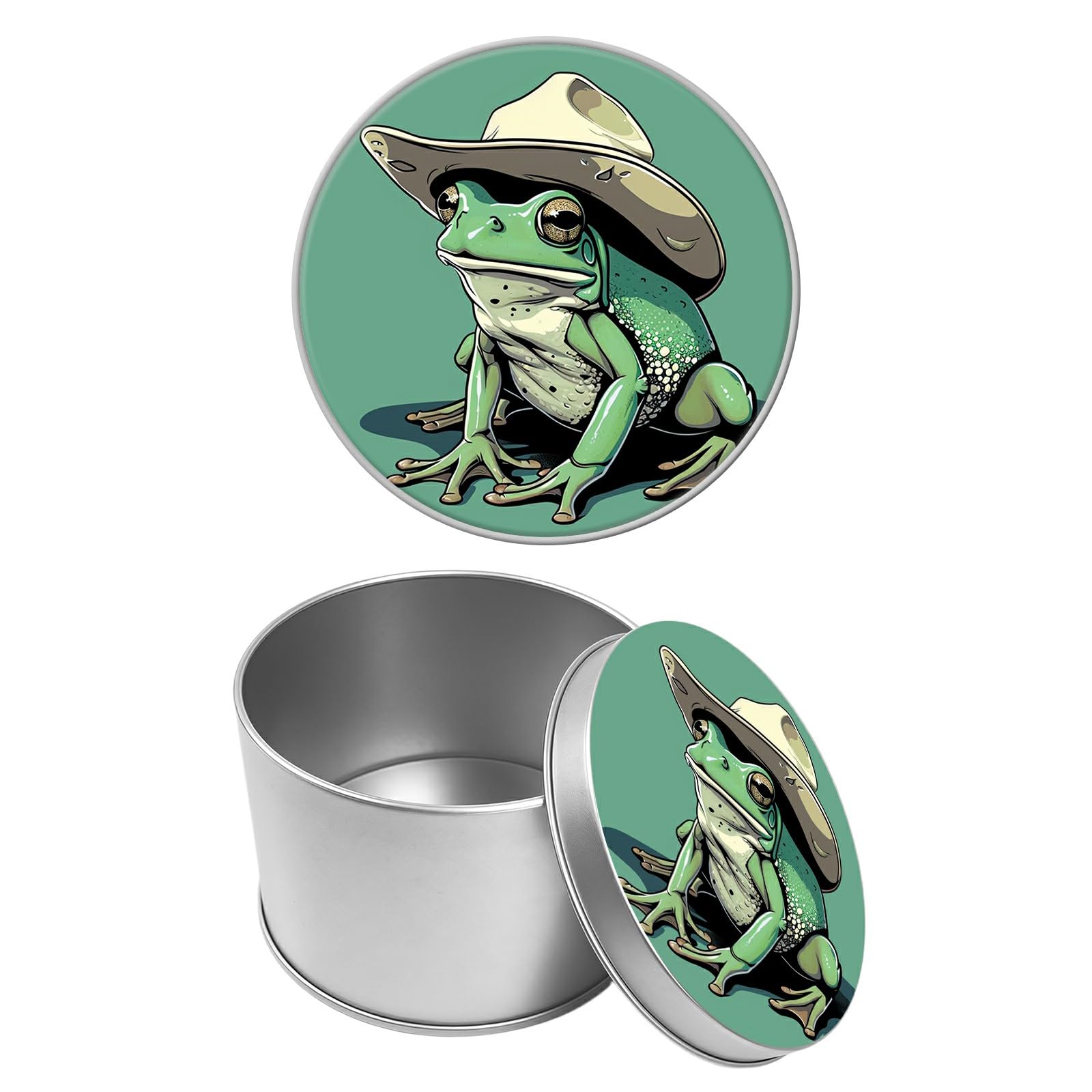 Round Metal Tin Container with Removable Lid, Green Frog Durable Metal Storage Box for Cookies Spices Tea Candies Cakes Jewelry Cosmetics 3.54 x 2.36 inch– Single Pack