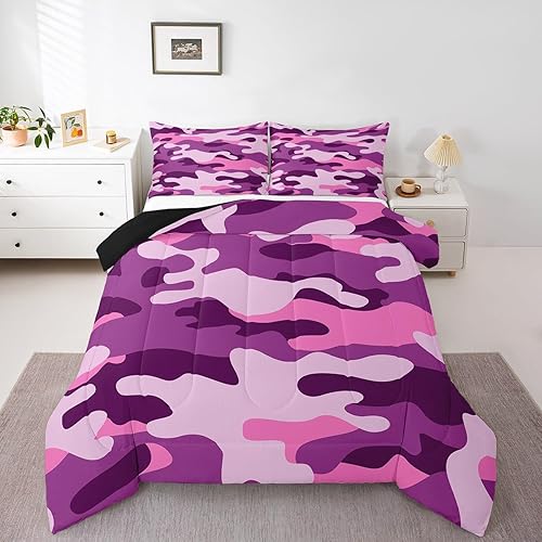Erosebridal Juego de ropa de cama individual de camuflaje rosa y morado para niños, niñas y adolescentes, juego de edredón de camuflaje militar,