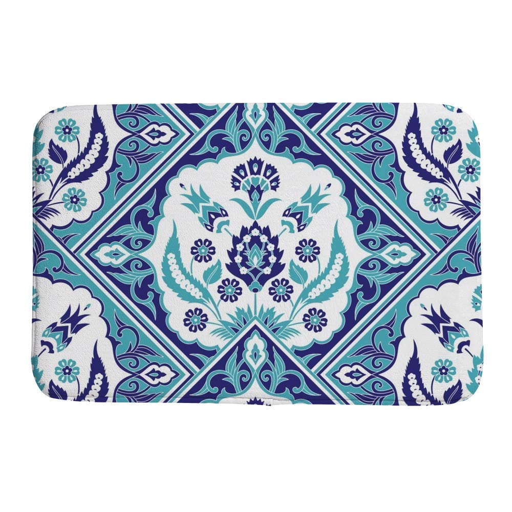 Tapis de bain bleu antidérapant velours mosaïque ethnique 91x61