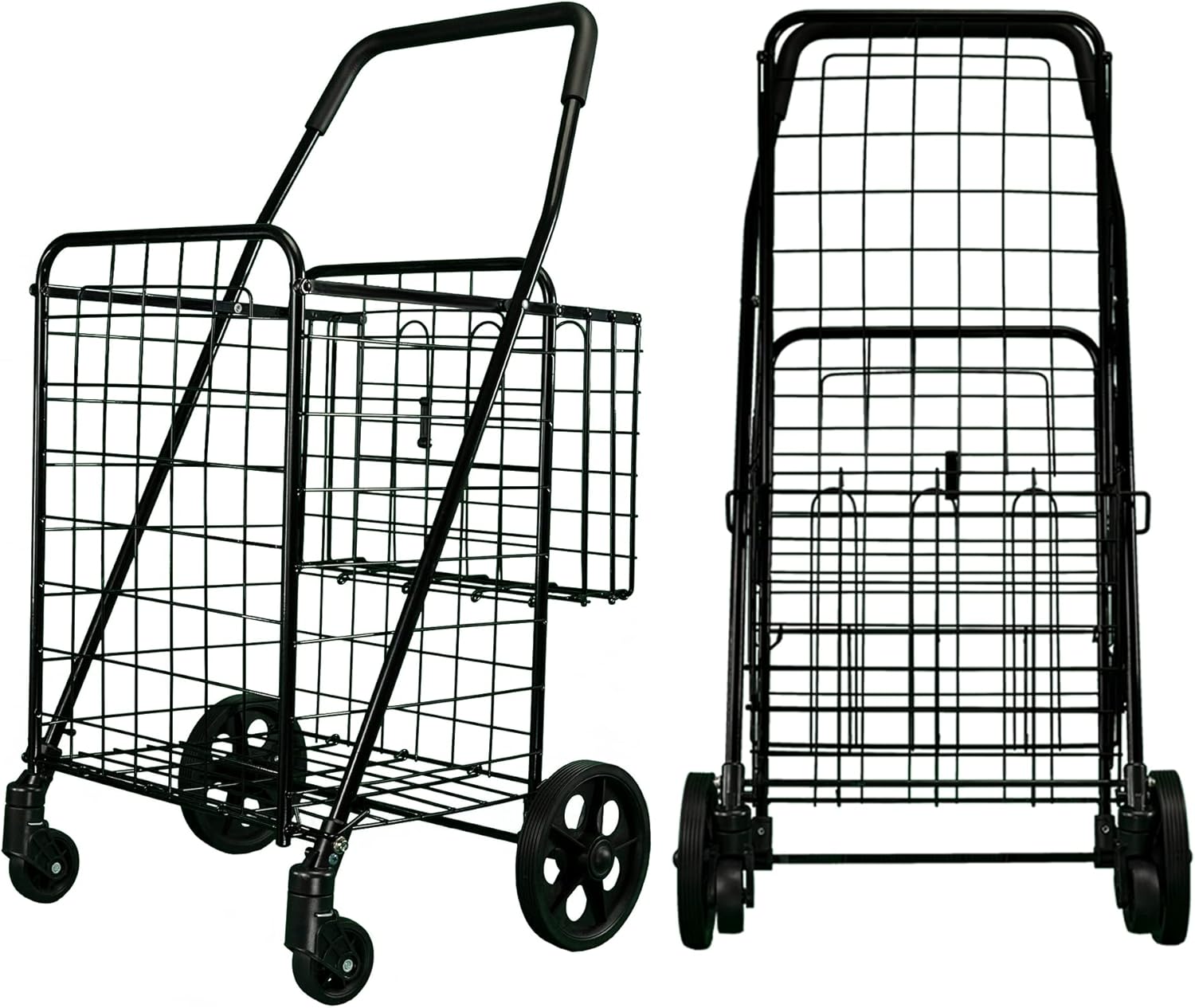 Jumbo Deluxe Folding Shopping Cart with Dual Swivel Wheels and Double