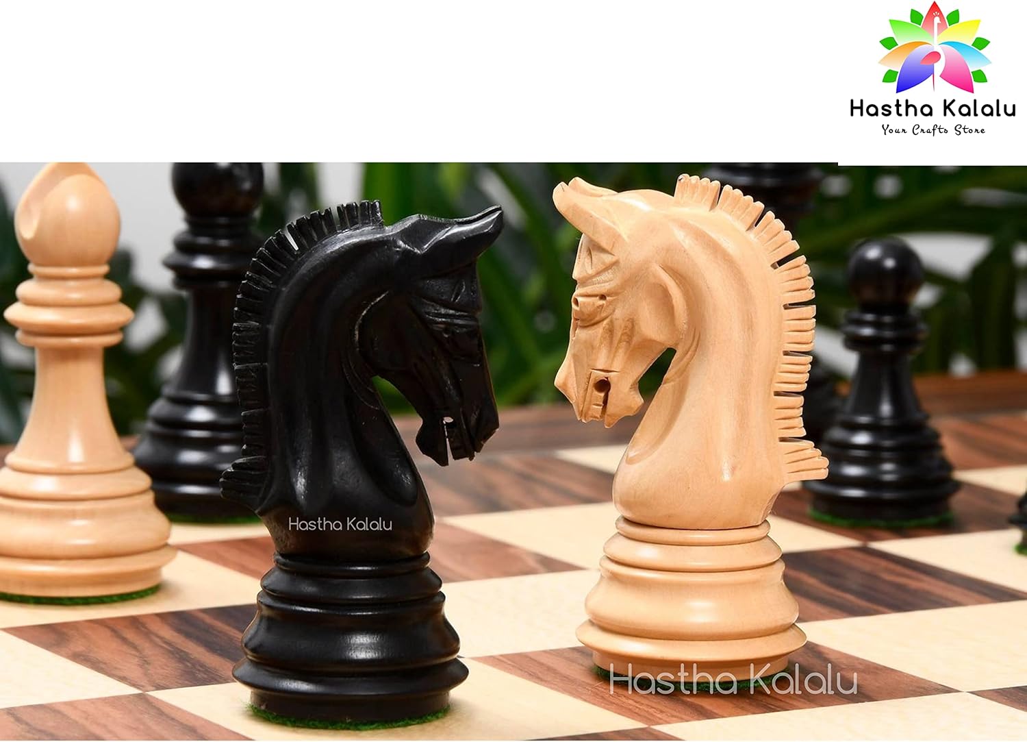 Hastha Kalalu 3.8" Imperial Design Staunton Series Luxury Chess Pieces Only Set - Weighted Ebony Wood and Box Wood | Handcarved Chess Pieces with Extra Queens