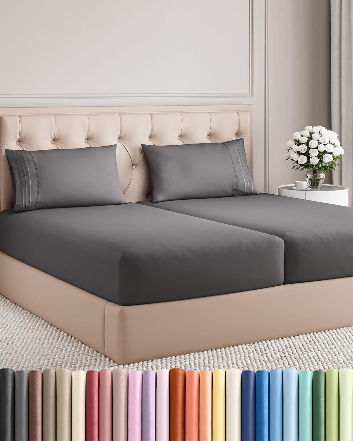 Split King Size 5 Piece Sheet Set - Breathable &amp; Cooling Sheets - Dark Grey