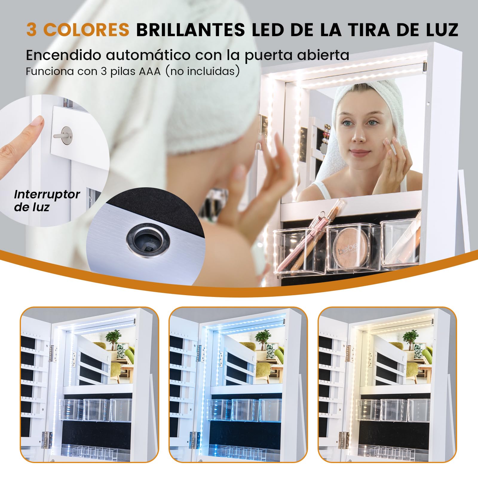 COSTWAY Armario Giratorio 360° para Joyas con Espejo y Luces LED de 3 Colores Bloqueable, Armario Espejo de Joyas con Estantes de Almacenamiento, Estante Plegable (Blanco)