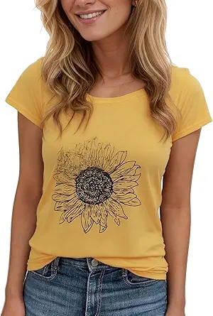 Women's Floral T-Shirts Graphic Loose Tees Sunflower Graphic Summer Short Sleeve Boho Casual Tops