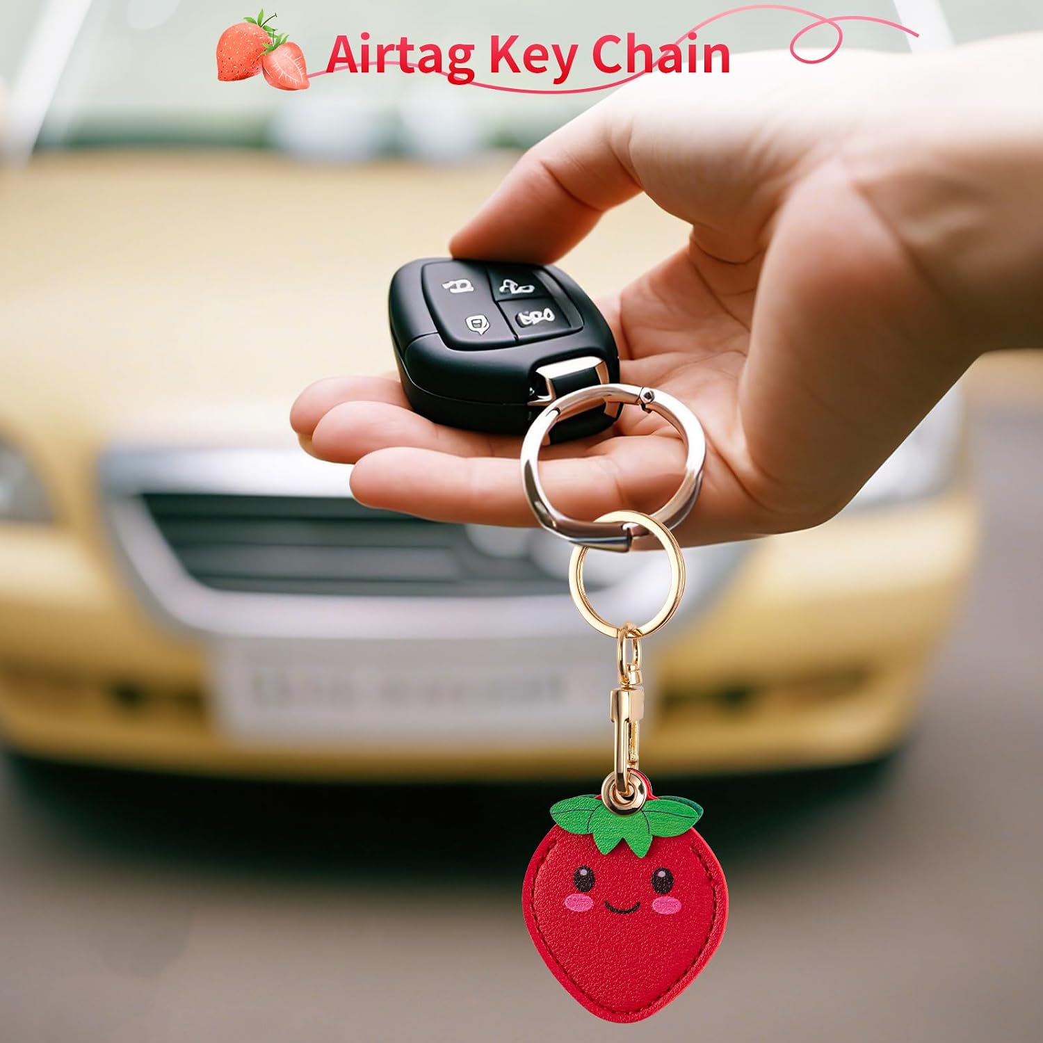 Airtag Keychain Holder - Cute Kawaii Faux Leather Case 3-in-1 with Hidden Keychain Cover, Detachable Wrist Strap & Anti-Loss Hand Band, Anti-Scratch Protective Case for Airtag (Strawberries)