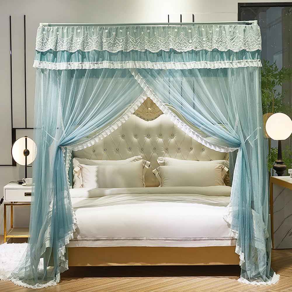 Mengersi Canopy Bed Curtains,Bed Canopy for Girls Ruffle Princess Bed Canopy Curtains Cozy Drape Netting Mosquito Net for Girls Adults Bedroom Decoration (Blue,King)