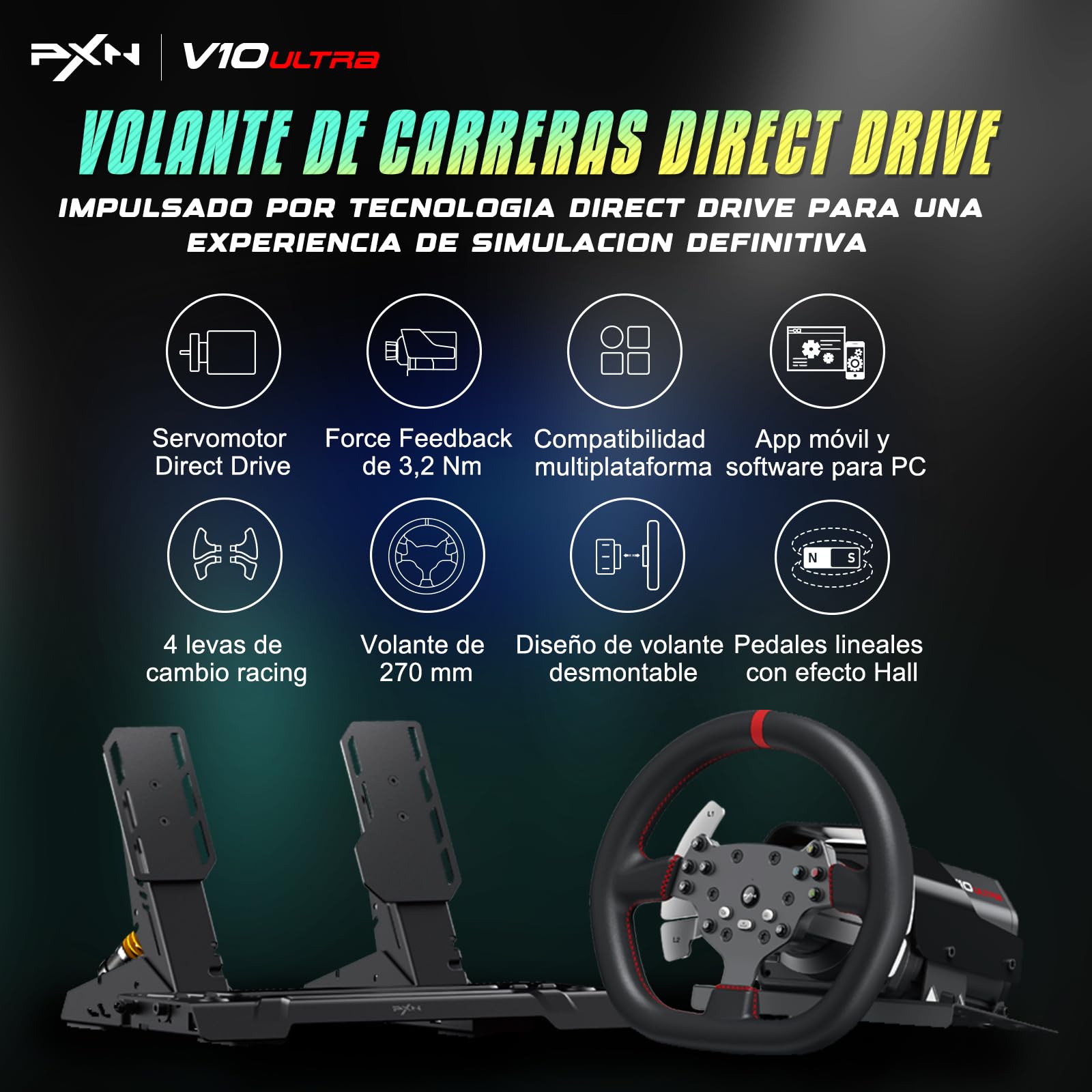 PXN V10 Ultra Volante de Carreras Direct Drive con Pedales – 3,2Nm Force Feedback, Volante Gaming con Grip de Cuero Microfibra y Levas – Set Sim Racing para PC, PS4, Xbox One/Series