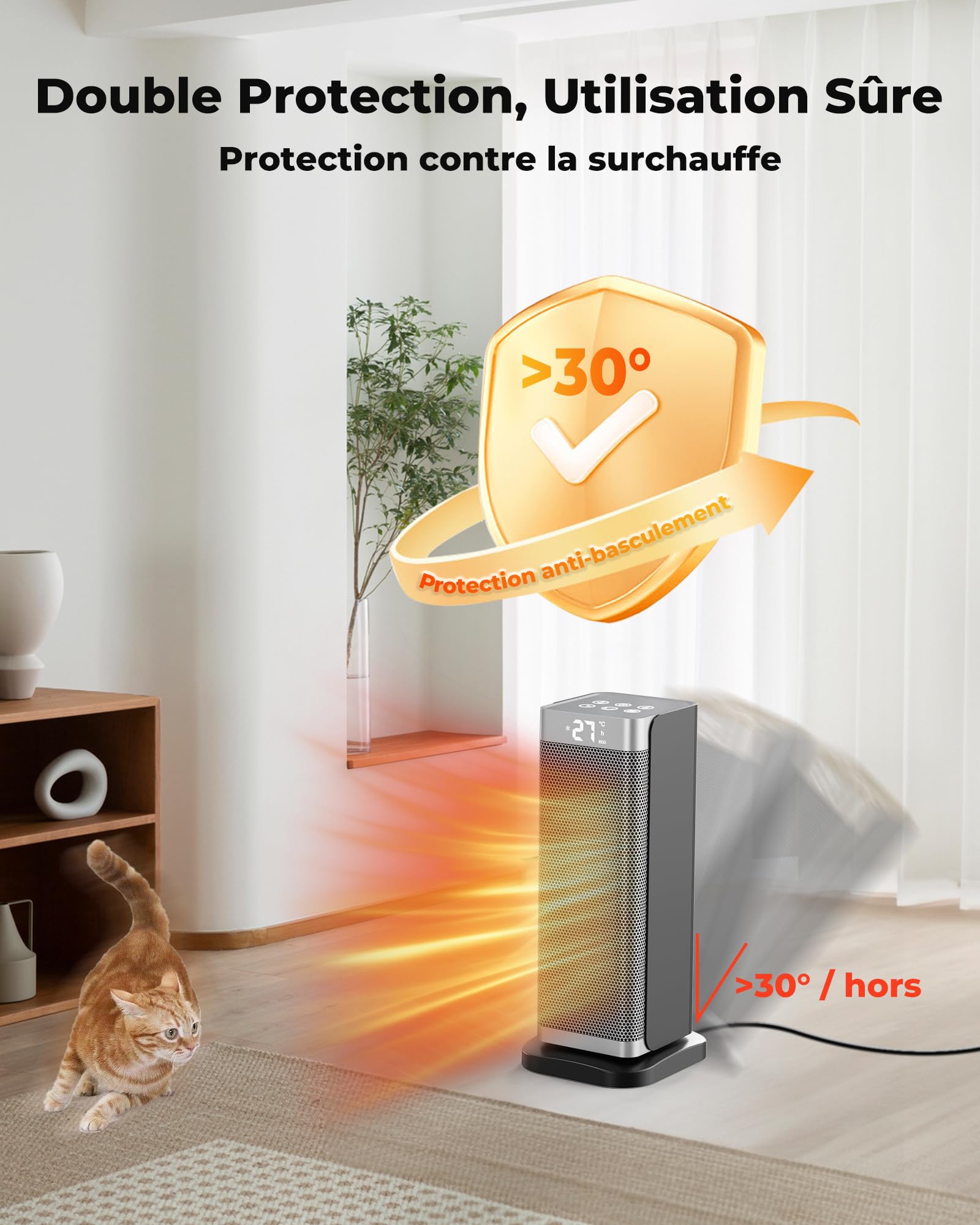 Chauffage d'appoint Économe Argent - 2000W PTC Céramique Silencieux, 3 Niveaux de Puissance, Télécommande, Sécurité Anti-chute et Surchauffe, Chauffage Électrique pour Chambre/Salon/Bureaur