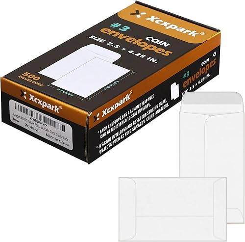 Xxcxpark 500 sobres para monedas #3, sobres de papel kraft blanco de 2-12 x 4-14 pulgadas, sobres clásicos de papel kraft para piezas pequeñas, con