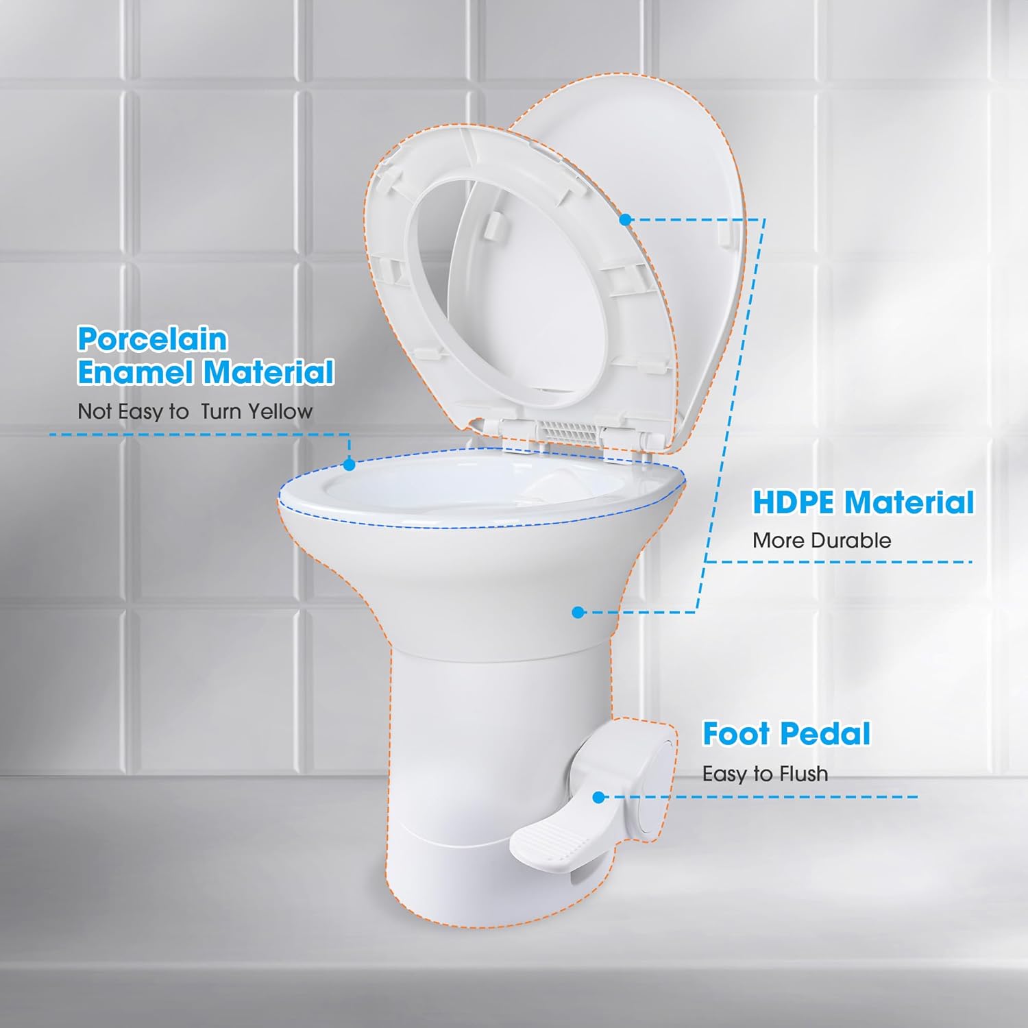 Yescom RV Toilet with Bidet Spray Porcelain Enamel Elongated Gravity Flush Foot Pedal Toilet for Motorhome Caravan Travel Tailer 20" Seating Height Portable Restroom Toilet Fits for Marine