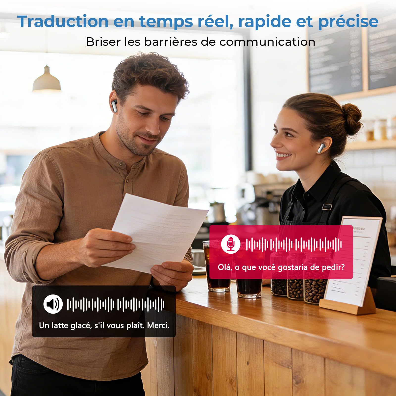 Écouteur Traducteur Instantané 165 Langues 11 Modes Bluetooth 6.0 48H Autonomie Écran Tactile LED