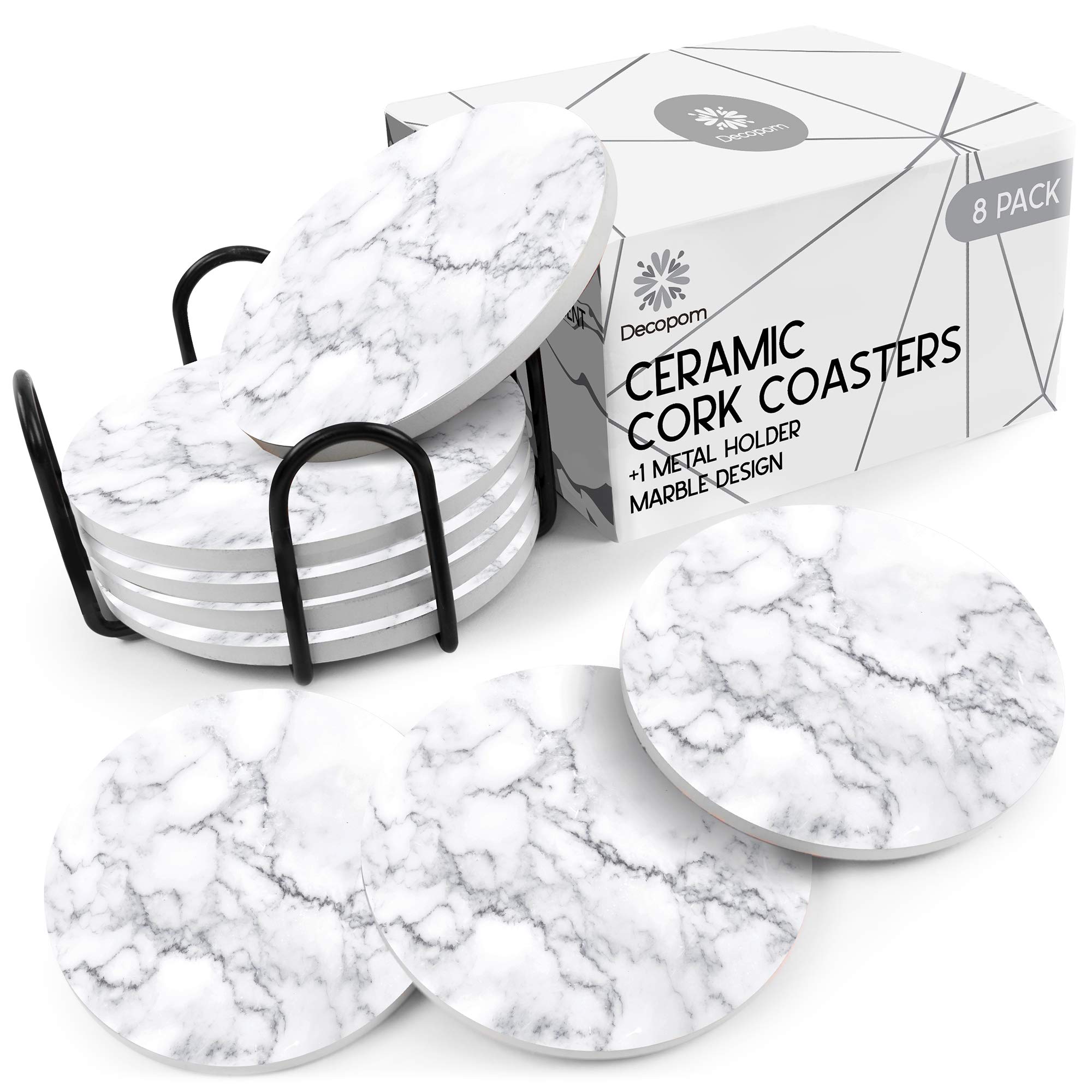 coasters for drinks ceramic cork set - 8 pcs absorbent gray wave marble design coasters with metal holder for cups mugs coffee wine wooden glass tabletop protection bar table house warming gift home