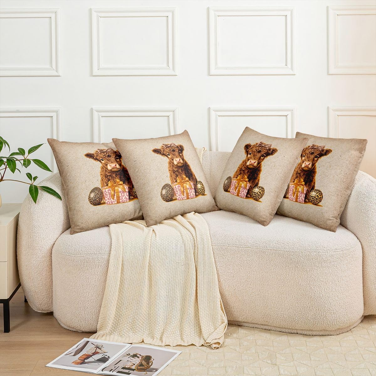 Erosebridal Cute Highland Cow Throw Pillow Covers 24x24 Inch Set of 2 Bow Leopard Print Pillow Covers Western Farmhouse Wild Animals Cushion Cases Cheetah Print Cattle Decorative Pillowcases